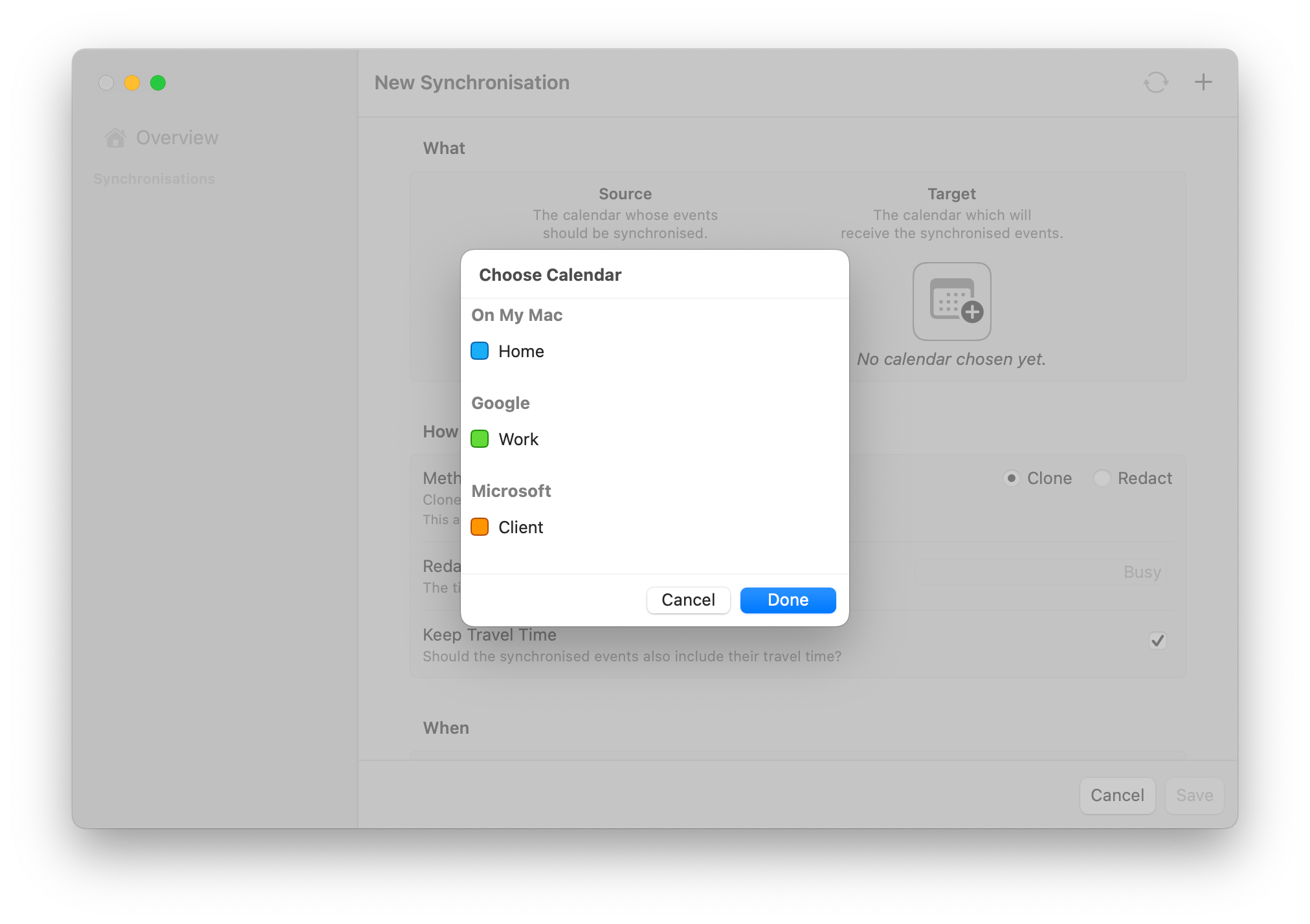 Screenshot of the calendar selection modal to choose a calendar from