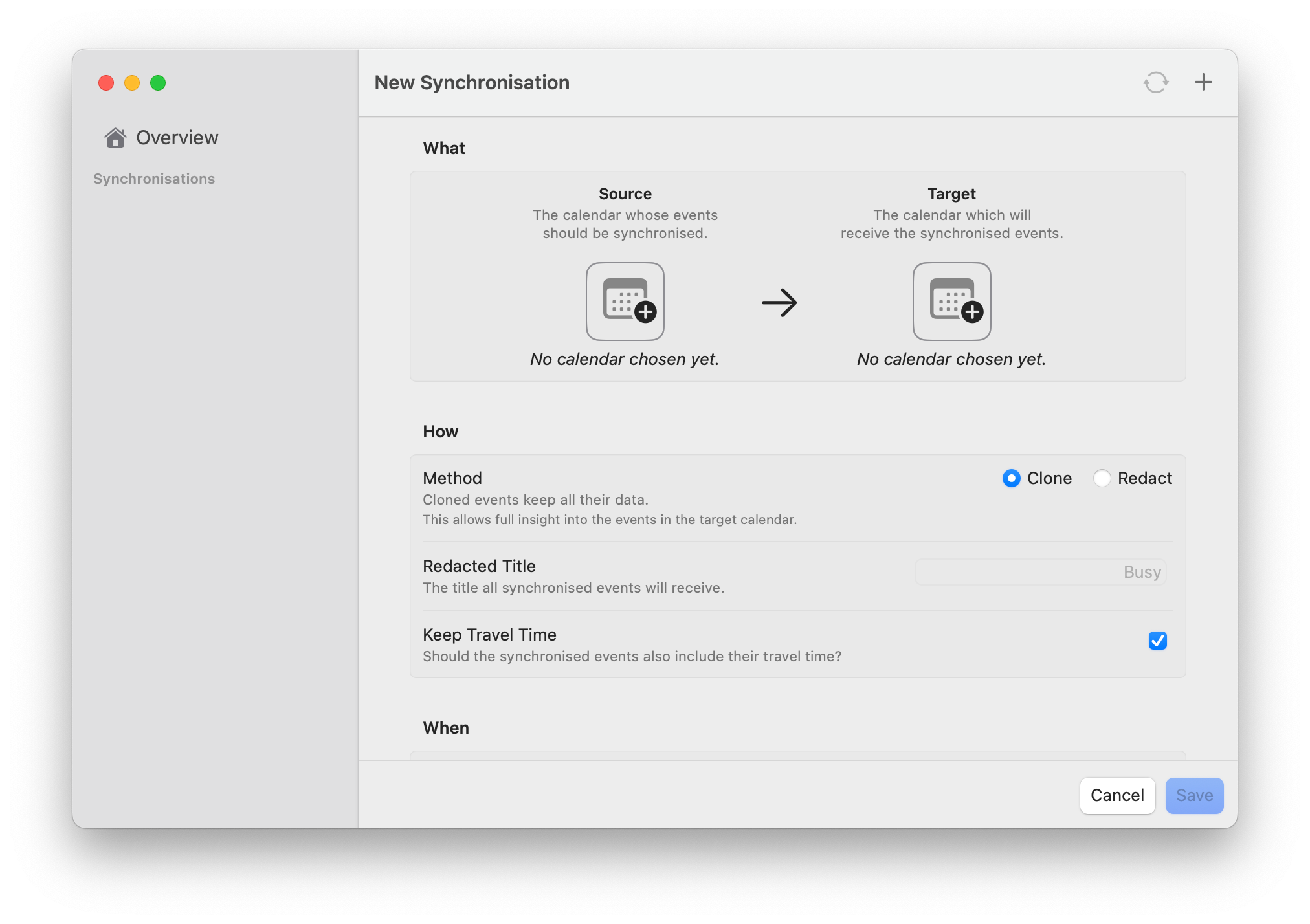 Screenshot of application when adding a new synchronisation