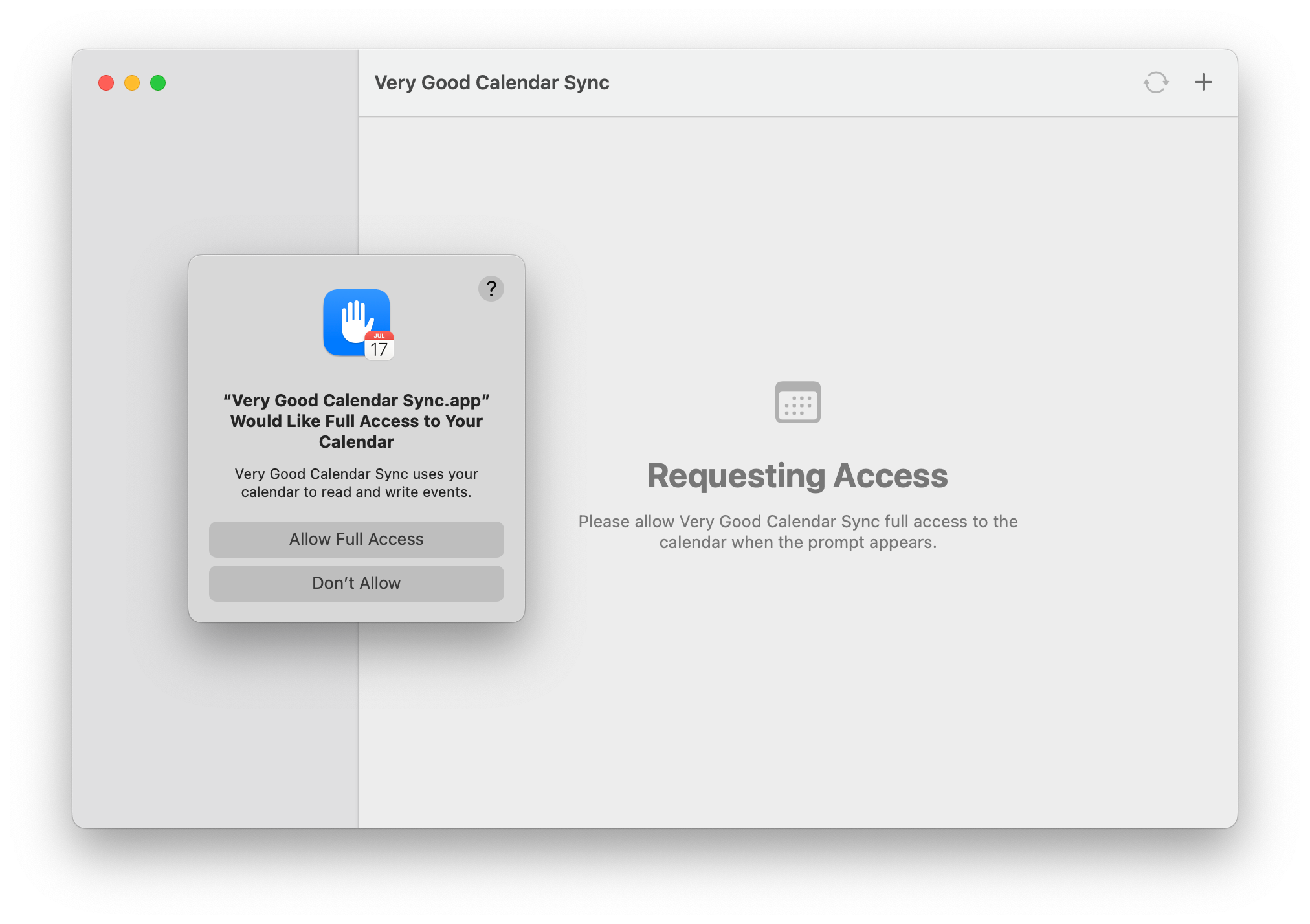 Screenshot of application requesting Calendar permissions