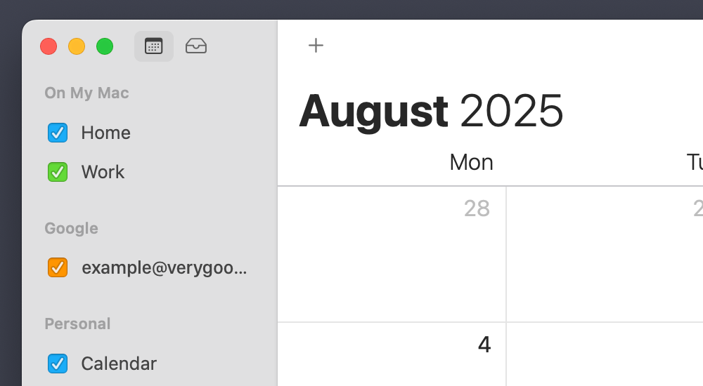 Screenshot of Calendar.app with list of calendars